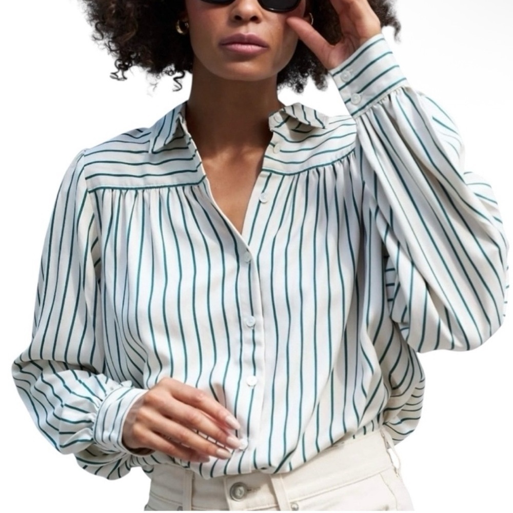AYR The New Age Silk Peasant Blouse Green Striped Shirt Small